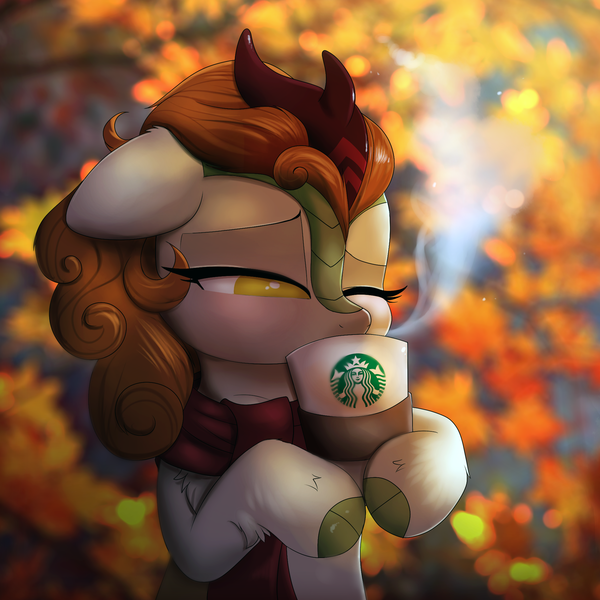 Size: 2000x2000 | Tagged: safe, artist:confetticakez, derpibooru import, autumn blaze, kirin, sounds of silence, spoiler:s08, autumn, awwtumn blaze, blushing, bust, clothes, cloven hooves, coffee, cup, cute, drinking, female, floppy ears, hoof hold, horn, leaves, mare, one eye closed, quadrupedal, scarf, solo, starbucks, steam, xk-class end-of-the-world scenario