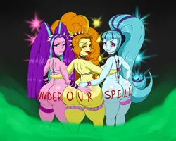 Size: 5000x4000 | Tagged: suggestive, artist:albertbm, derpibooru import, adagio dazzle, aria blaze, sonata dusk, equestria girls, absolute cleavage, absurd resolution, adagio dat-azzle, arse-ia blaze, ass, bikini, body writing, bottomless, breasts, butt, cleavage, clothes, fangs, female, females only, group, negative energy, open mouth, partial nudity, pigtails, ponytail, raised eyebrow, sharp teeth, sling bikini, sonata donk, swimsuit, teeth, the ass was fat, the dat-azzlings, the dazzlings, thick, tongue out, trio, trio female, twintails, under our spell
