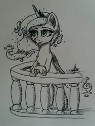 Size: 3096x4128 | Tagged: safe, artist:ironbeastz, derpibooru import, princess luna, pony, balcony, monochrome, solo, traditional art