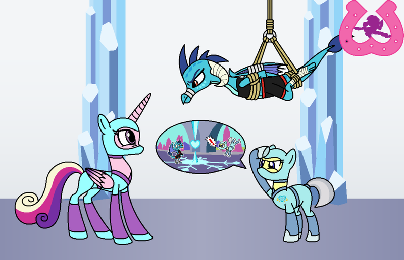 Size: 1024x661 | Tagged: safe, artist:author92, derpibooru import, princess cadance, princess ember, alicorn, dragon, earth pony, pony, alternate costumes, armor, bondage, bound wings, brightly colored ninjas, clothes, crystal castle, crystal empire, crystal guard, crystal guard armor, dragoness, female, gag, guard, kunoichi, mask, mma, ninja, rope, sports bra, story included, suspended, suspension bondage, tape, tape gag, wings