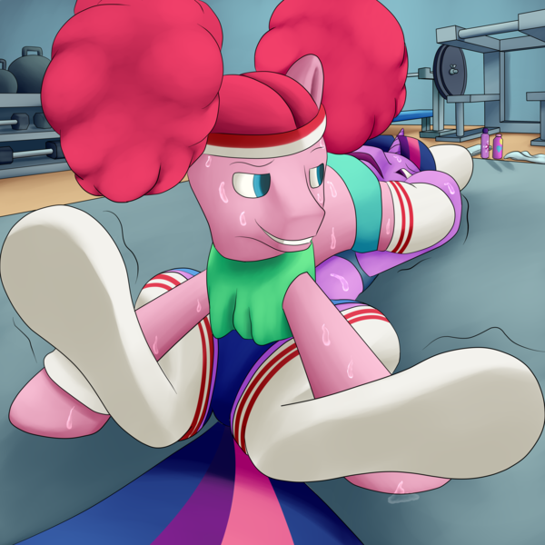 Size: 5500x5500 | Tagged: absurd resolution, artist:fauxstealth, clothes, derpibooru import, gym, headscissors, pinkie pie, reverse headscissors, socks, sports, suggestive, twilight sparkle, wrestling