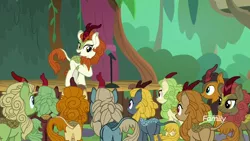 Size: 1920x1080 | Tagged: autumn afternoon, autumn blaze, background kirin, butt, cinder glow, cloven hooves, crowd, curtain, derpibooru import, female, fern flare, forest fall, kirin, male, maple brown, microphone, plot, pumpkin smoke, safe, screencap, sounds of silence, sparkling brook, spoiler:s08, spring glow, stage, summer flare, winter flame