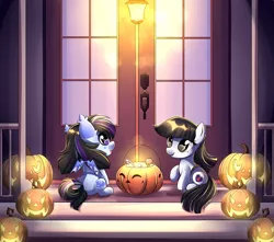 Size: 3333x2943 | Tagged: safe, artist:airiniblock, derpibooru import, oc, unofficial characters only, bat pony, earth pony, pony, bat pony oc, bat wings, candy, clothes, costume, cute, door, duo, female, filly, food, halloween, holiday, jack-o-lantern, ocbetes, open mouth, pumpkin, rcf community, smiling, wings