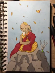 Size: 1024x1365 | Tagged: safe, artist:hebini, derpibooru import, oc, unofficial characters only, earth pony, pony, autumn, buddhism, eyes closed, inktober, inktober 2018, leaves, meditating, monk, smiling, solo, traditional art