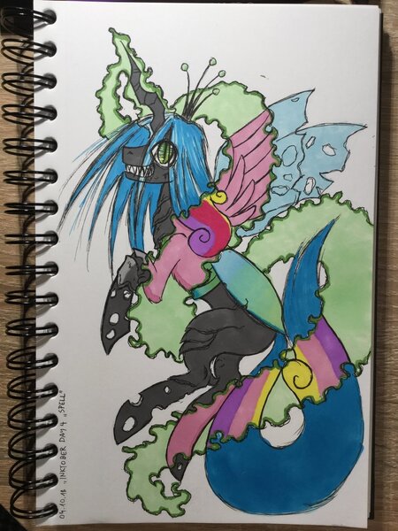 Size: 1024x1365 | Tagged: alicorn, artist:hebini, changeling, changeling magic, changeling queen, crown, derpibooru import, disguise, disguised changeling, evil grin, fake cadance, fangs, female, grin, inktober, inktober 2018, jewelry, magic, princess cadance, queen chrysalis, regalia, safe, sharp teeth, smiling, solo, teeth, traditional art, transformation