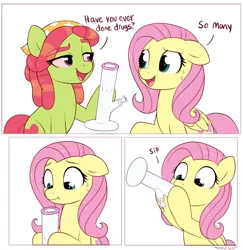 Size: 2916x2998 | Tagged: safe, artist:moozua, derpibooru import, fluttershy, tree hugger, ponified, earth pony, pegasus, pony, blatant lies, bong, comic, drugs, duo, female, imminent vomiting, mare, marijuana, painfully innocent fluttershy, peer pressure, silly, silly pony, simple background, tree stoner, white background, you're doing it wrong