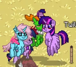 Size: 422x374 | Tagged: safe, derpibooru import, ocellus, thorax, twilight sparkle, twilight sparkle (alicorn), alicorn, changedling, changeling, pony, pony town, female, flying, grass, king thorax, kissing, male, shipping, straight, twirax