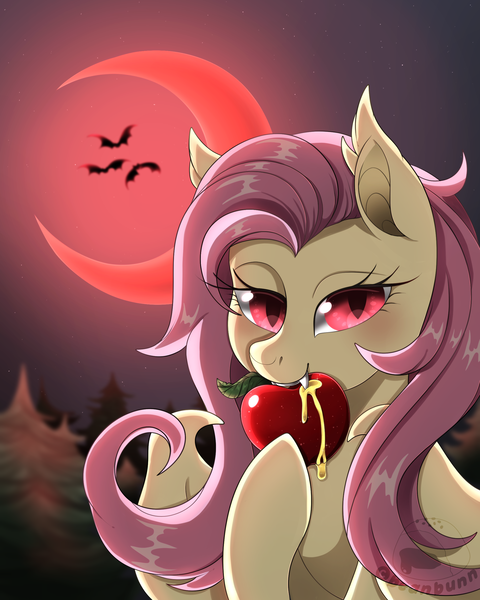 Size: 2000x2500 | Tagged: safe, artist:beanbunn, derpibooru import, fluttershy, bat, bat pony, apple, bat ponified, blood moon, crescent moon, eating, fangs, flutterbat, food, looking at you, moon, night, race swap, solo