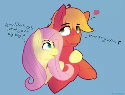 Size: 1371x1048 | Tagged: safe, artist:fuzzypones, derpibooru import, big macintosh, fluttershy, blue background, blushing, eye clipping through hair, female, floating heart, fluttermac, heart, hug, male, music notes, pictogram, shipping, simple background, straight