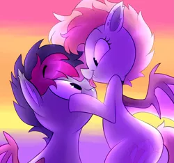 Size: 2365x2216 | Tagged: safe, artist:norithecat, derpibooru import, oc, oc:candy quartz, oc:retro wave, unofficial characters only, bat pony, :p, affection, bat pony oc, bat wings, brother and sister, candywave, collar, cute, ear piercing, fangs, female, floppy ears, fluffy, happy, licking, male, ocbetes, piercing, siblings, silly, snuggling, sunset, tongue out, weapons-grade cute, wings