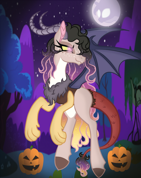 Size: 797x1002 | Tagged: artist:owocrystalcatowo, derpibooru import, draconequus, female, hybrid, interspecies offspring, night, oc, oc:princess sunnet, offspring, parent:discord, parent:princess celestia, parents:dislestia, safe, solo