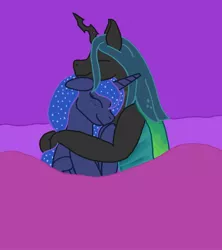 Size: 1600x1800 | Tagged: artist:krumpcakes, bed, chrysaluna, derpibooru import, female, lesbian, princess luna, queen chrysalis, safe, shipping, sleeping