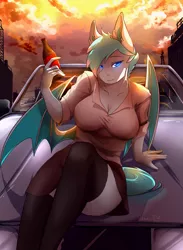 Size: 1585x2160 | Tagged: suggestive, alternate version, artist:hakkids2, derpibooru import, oc, oc:radbat, unofficial characters only, anthro, bat pony, anthro oc, bat pony oc, bat wings, blouse, bottle, breasts, car, cleavage, clothes, drink, female, looking at you, miniskirt, sitting, skirt, skirt lift, smiling, socks, solo, solo female, stockings, thigh highs, thighs, volvo, wings