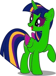 Size: 771x1035 | Tagged: safe, anonymous editor, color edit, derpibooru import, edit, twilight sparkle, twilight sparkle (alicorn), alicorn, pony, colored, female, firealpaca, mare, open mouth, raised leg, recolor, simple background, smiling, solo, standing, transparent background