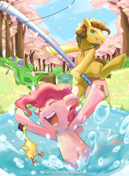 Size: 656x897 | Tagged: artist needed, safe, derpibooru import, boneless, cheese sandwich, gummy, pinkie pie, earth pony, pony, cherry blossoms, cute, duo, eyes closed, female, fishing rod, flower, flower blossom, happy, male, mare, playing, smiling, stallion, water