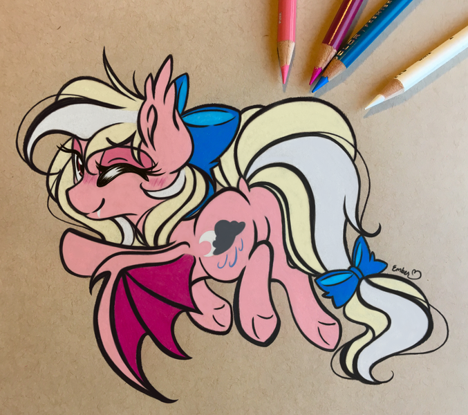 Size: 3123x2768 | Tagged: safe, artist:emberslament, derpibooru import, oc, oc:bay breeze, unofficial characters only, bat pony, bat ponified, blushing, bow, colored pencil drawing, colored pencils, cute, dock, fangs, female, flying, hair bow, looking at you, looking back, looking back at you, mare, ocbetes, one eye closed, photo, race swap, solo, tail bow, traditional art, underhoof, wink