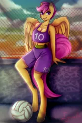 Size: 900x1350 | Tagged: anthro, artist:igazella, ball, belly button, breasts, busty scootaloo, cleavage, clothes, commission, derpibooru import, female, midriff, older, older scootaloo, pegasus, safe, scootaloo, shirt, shorts, smiling, solo, sports, sports uniform, volleyball, ych result