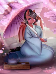 Size: 1470x1960 | Tagged: safe, artist:igazella, derpibooru import, oc, oc:mariposa, unofficial characters only, anthro, bat pony, anime, anthro oc, bat pony oc, bat wings, blushing, cherry blossoms, clothes, commission, cup, cute, ear piercing, earring, flower, flower blossom, holding, jewelry, kimono (clothing), looking at you, :o, open mouth, piercing, ponytail, rock, signature, sitting, solo, steam, teacup, teapot, tree, umbrella, wings, ych result