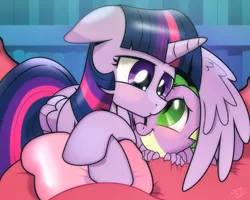 Size: 1277x1021 | Tagged: safe, artist:dsana, derpibooru import, spike, twilight sparkle, twilight sparkle (alicorn), alicorn, dragon, pony, father knows beast, baby, baby dragon, blushing, cute, daaaaaaaaaaaw, dsana is trying to murder us, fangs, female, floppy ears, forehead kiss, green eyes, horn, hug, kissing, male, mama twilight, mare, pillow, signature, spikabetes, spikelove, twiabetes, twilight's castle, weapons-grade cute, winghug, wings
