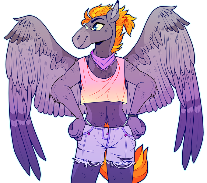 Size: 1600x1412 | Tagged: anthro, anthro oc, artist:dweeblet, clothes, derpibooru import, male, oc, oc:turaco tinder, orange mane, panties, pegasus, pubic hair, shirt, shorts, solo, solo male, spread wings, suggestive, thong, t-shirt, underwear, unofficial characters only, white underwear, wings