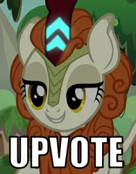 Size: 495x631 | Tagged: autumn blaze, caption, cropped, derpibooru import, edit, edited screencap, female, image macro, kirin, lidded eyes, meme, reaction image, safe, screencap, solo, sounds of silence, spoiler:s08, text, upvote