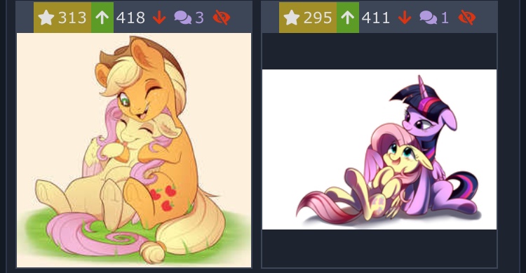 Size: 750x389 | Tagged: safe, artist:evehly, artist:sion-ara, derpibooru import, applejack, fluttershy, twilight sparkle, twilight sparkle (alicorn), alicorn, earth pony, pegasus, pony, derpibooru, appleshy, cute, eyes closed, female, floppy ears, freckles, hat, hug, jackabetes, juxtaposition, lesbian, mare, meta, one eye closed, open mouth, shipping, shyabetes, simple background, smiling, tongue out, twishy, underhoof, winghug