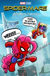 Size: 960x1440 | Tagged: safe, artist:dan232323, derpibooru import, pinkie pie, twilight sparkle, twilight sparkle (alicorn), alicorn, pony, armor, clothes, costume, female, flying, iron man, mare, speech bubble, spider-man, spider-man: homecoming, swinging