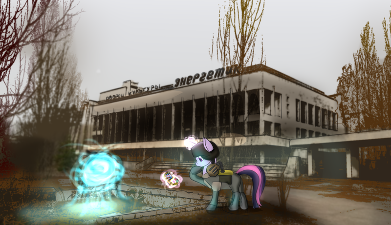 Size: 3300x1900 | Tagged: safe, artist:lakunae, derpibooru import, twilight sparkle, pony, unicorn, anomaly, call of pripyat, chernobyl, crossover, cyrillic, detector, female, glowing horn, hooves, horn, levitation, magic, mare, military, pripyat, russian, s.t.a.l.k.e.r., solo, soviet, telekinesis, unicorn twilight