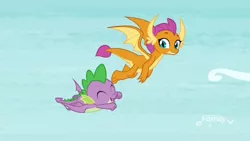 Size: 1920x1080 | Tagged: derpibooru import, discovery family logo, dragon, dragoness, duo, eyes closed, father knows beast, female, flying, male, safe, screencap, sky, smolder, spike, spread wings, winged spike, wings