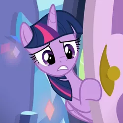 Size: 1078x1078 | Tagged: safe, derpibooru import, screencap, twilight sparkle, twilight sparkle (alicorn), alicorn, pony, father knows beast, bipedal, bipedal leaning, cropped, door, doorknob, female, frown, leaning, mare, reaction image, sad, solo, spike's room, worried