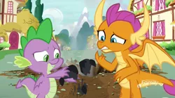 Size: 1920x1080 | Tagged: burned, crater, cringing, derpibooru import, discovery family logo, dragon, dragoness, duo, father knows beast, female, male, pillow, sad, safe, screencap, smoke, smolder, spike, unfortunate, winged spike