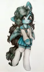 Size: 2438x4007 | Tagged: safe, artist:sunshine, derpibooru import, oc, oc:liz, unofficial characters only, pegasus, pony, clothes, cute, ear piercing, female, floppy ears, fluffy, hooves, japanese school uniform, long mane, looking at you, mare, piercing, pleated skirt, school uniform, simple background, skirt, socks, solo, standing, stockings, thigh highs, traditional art, two toned mane, wings, zettai ryouiki