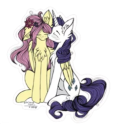 Size: 1481x1547 | Tagged: safe, artist:schizoidtomii, derpibooru import, fluttershy, rarity, pegasus, pony, unicorn, blushing, chest fluff, curls, curly, curly hair, curly mane, curly tail, cute, ears, eyes closed, female, flarity, floppy ears, flower, flower in hair, fluffy, horn, hug, kiss on the cheek, kissing, lesbian, mare, one ear down, outline, shipping, simple background, sitting, transparent background, white outline, winghug, wings