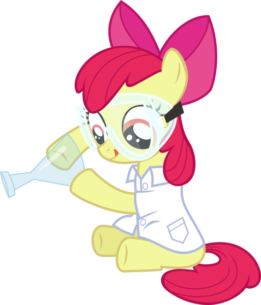 Size: 5542x6484 | Tagged: safe, artist:mit-boy, derpibooru import, apple bloom, earth pony, pony, twilight time, absurd resolution, beaker, clothes, erlenmeyer flask, female, filly, lab coat, licking, licking lips, safety goggles, simple background, solo, tongue out, transparent background