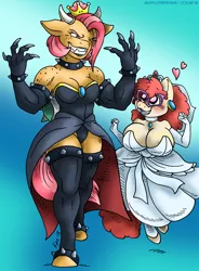 Size: 881x1200 | Tagged: adorababs, adorabolical, adorasexy, anthro, artist:kaemantis, babs seed, babstwist, big breasts, blushing, bowser, bowsette, bracelet, breasts, bridal veil, busty twist, choker, claws, cleavage, clothes, collar, cosplay, costume, cute, dark queen, derpibooru import, dress, ear piercing, earring, evening gloves, evil grin, evil queen, eye sparkles, fangs, female, freckles, glasses, gloves, goth, gradient background, grin, heart, heart eyes, height difference, horns, huge breasts, jewelry, lesbian, long gloves, love, mare, meme, monster girl, muscles, my waifus have fused, otp, piercing, princess peach, punk, sexy, shipping, shoulder freckles, size difference, smiling, socks, spiked choker, spiked collar, spiked wristband, stockings, stupid sexy babs seed, stupid sexy twist, suggestive, super crown, super mario bros., super mario odyssey, thigh highs, thighs, thunder thighs, tiara, twist, twistabetes, unguligrade anthro, wall of tags, wedding dress, wide hips, wingding eyes, wristband
