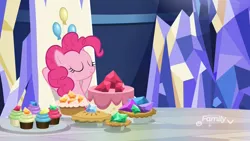 Size: 1920x1080 | Tagged: safe, derpibooru import, screencap, pinkie pie, earth pony, pony, father knows beast, arm behind head, cake, cupcake, discovery family logo, eyes closed, female, food, friendship throne, gem, leaning back, mare, muffin, pie, relaxing, smiling, solo, throne, throne room, twilight's castle