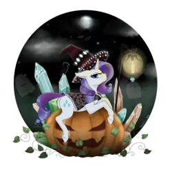 Size: 1280x1280 | Tagged: safe, artist:evlass, derpibooru import, rarity, bat, bird, crow, ghost, pony, undead, unicorn, butt, canon, cloak, clothes, crystal, dock, ear fluff, female, floppy ears, halloween, hat, holiday, horn, jack-o-lantern, lantern, looking at you, mare, moon, night, night sky, pouting, pumpkin, rearity, simple background, sky, solo, transparent background, witch hat