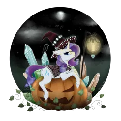 Size: 1280x1280 | Tagged: safe, alternate version, artist:evlass, derpibooru import, rarity, bat, bird, crow, ghost, pony, undead, unicorn, butt, canon, cape, clothes, crystal, dock, ear fluff, female, floppy ears, halloween, hat, holiday, horn, jack-o-lantern, lantern, looking at you, mare, moon, night, night sky, pouting, pumpkin, rearity, simple background, sky, solo, transparent background, witch hat