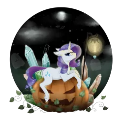 Size: 1280x1280 | Tagged: safe, alternate version, artist:evlass, derpibooru import, rarity, bird, crow, ghost, pony, undead, unicorn, butt, canon, crystal, dock, ear fluff, female, floppy ears, halloween, holiday, horn, jack-o-lantern, lantern, looking at you, mare, moon, night, night sky, pouting, pumpkin, rearity, simple background, sky, solo, transparent background