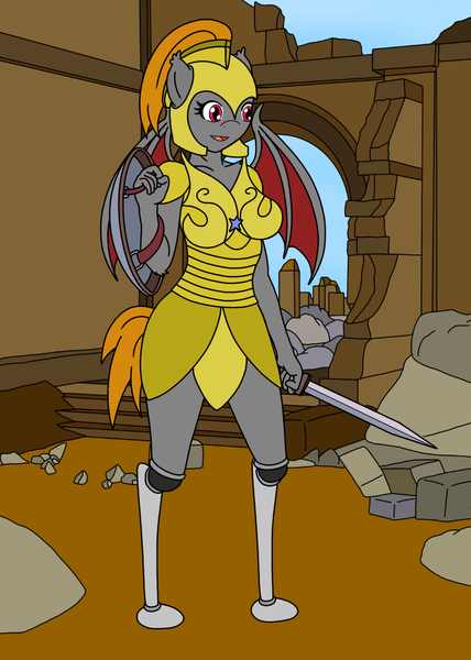 Size: 881x1234 | Tagged: safe, artist:linedraweer, derpibooru import, oc, oc:dusk glider, anthro, bat pony, amputee, anthro oc, armor, bat wings, commission, fangs, fantasy class, female, helmet, prosthetic limb, prosthetics, royal guard, ruin, shield, solo, sword, warrior, weapon, wings