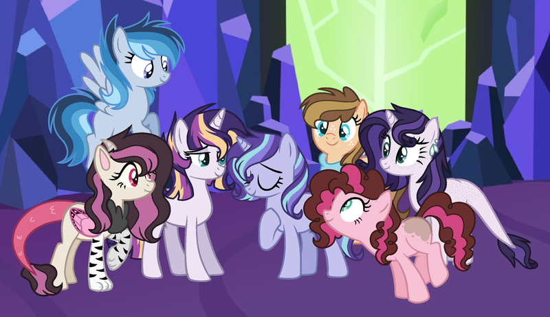 Size: 2464x1424 | Tagged: safe, artist:geekcoffee, artist:logic-puzzle665, derpibooru import, oc, oc:amethyst, oc:bluish sky, oc:butterfly, oc:cookie rose, oc:juicy apple, oc:moonlight glow, oc:starry dawn, unofficial characters only, dracony, dragon, earth pony, hybrid, pegasus, pony, unicorn, base used, digital art, eyes closed, eyeshadow, female, freckles, geekyverse, group, interspecies offspring, magical lesbian spawn, makeup, mare, mascara, next generation, offspring, one hoof raised, parent:applejack, parent:caramel, parent:cheese sandwich, parent:discord, parent:fluttershy, parent:pinkie pie, parent:rainbow dash, parent:rarity, parent:soarin', parent:spike, parent:starlight glimmer, parent:sunset shimmer, parent:trixie, parent:twilight sparkle, parents:carajack, parents:cheesepie, parents:discoshy, parents:soarindash, parents:sparity, parents:startrix, parents:sunsetsparkle, pink background, simple background, smiling, wall of tags