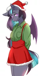 Size: 505x945 | Tagged: safe, artist:kirani, derpibooru import, oc, unofficial characters only, anthro, bat pony, anthro oc, bat pony oc, bat wings, christmas, clothes, commission, cute, dress, female, hat, holiday, looking at you, santa hat, shirt, simple background, skirt, smiling, solo, suspenders, thighs, white background, wings, ych result