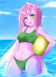 Size: 1259x1732 | Tagged: safe, artist:kirani, derpibooru import, oc, unofficial characters only, anthro, unicorn, anthro oc, ball, beach, belly button, bikini, blushing, clothes, cloud, commission, female, green swimsuit, sky, solo, swimsuit, water, ych result