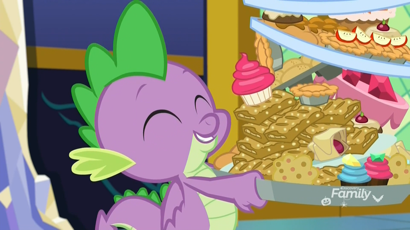 Size: 1920x1080 | Tagged: apple slice, baked goods, cake, carrying, cupcake, derpibooru import, discovery family logo, dragon, eyes closed, father knows beast, food, gem, happy, male, muffin, pie, safe, screencap, smiling, spike, strudel, winged spike