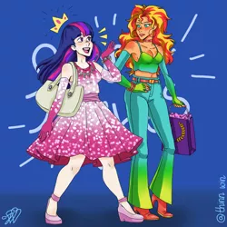 Size: 1080x1080 | Tagged: safe, artist:thinnwin, derpibooru import, sunset shimmer, twilight sparkle, human, equestria girls, alternate costumes, bag, bracelet, choker, clothes, dress, female, human coloration, humanized, instagram, jewelry, lesbian, looking at each other, shipping, shopping, sunsetsparkle, tanktop