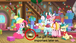 Size: 1280x720 | Tagged: alice the reindeer, aurora the reindeer, best gift ever, bori the reindeer, circle, derpibooru import, edit, edited screencap, pinkie pie, safe, screencap, speculation, text, text edit, theory