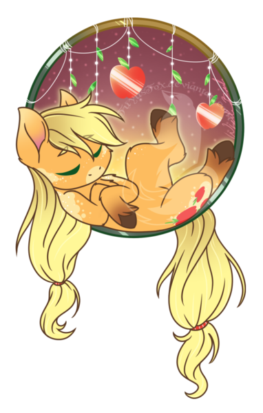 Size: 600x942 | Tagged: safe, artist:fuyusfox, derpibooru import, applejack, earth pony, pony, coat markings, cute, dreamcatcher, female, jackabetes, mare, night, simple background, sleeping, solo, stars, transparent background, unshorn fetlocks, watermark