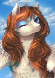 Size: 1060x1500 | Tagged: safe, artist:catofrage, derpibooru import, oc, oc:amora bunny, unofficial characters only, pegasus, pony, chest fluff, commission, digital art, ear fluff, eyeshadow, female, looking at you, makeup, mare, one eye closed, solo, spread wings, wings, wink, ych result