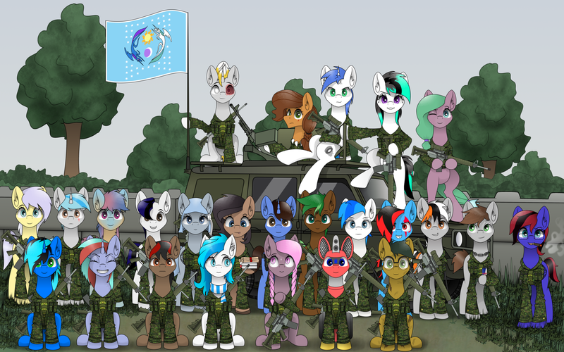 Size: 1600x1000 | Tagged: safe, artist:zeronitroman, derpibooru import, oc, oc:atom front, oc:blake, oc:blaze, oc:chara starfall, oc:chord, oc:forrest, oc:gamma deekay, oc:logic, oc:mio hasagashi, oc:misty, oc:moon blitz, oc:quillwright, oc:scroll finder, oc:shifting gear, oc:skitzy, oc:symphony, oc:tg, oc:theo bandit, oc:trackhead, oc:wintergleam, oc:xenia amata, oc:yang fire, oc:zero, unofficial characters only, bat pony, earth pony, pegasus, pony, robot, robot pony, unicorn, bat pony oc, bat wings, camouflage, clothes, flag, group photo, gun, jeep, military, platoon, rifle, scroll, uniform, weapon, wings