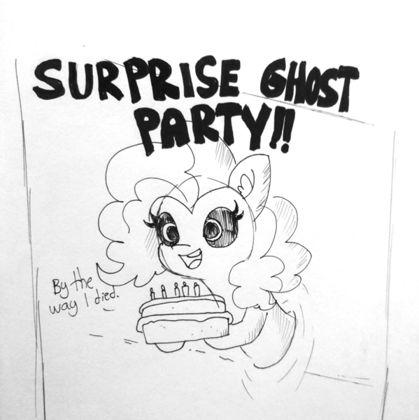 Size: 1280x1283 | Tagged: safe, artist:tjpones, derpibooru import, pinkie pie, earth pony, ghost, ghost pony, pony, undead, black sclera, cake, dialogue, ear fluff, female, food, hoof hold, inktober, inktober 2018, mare, solo, surprise party, through wall